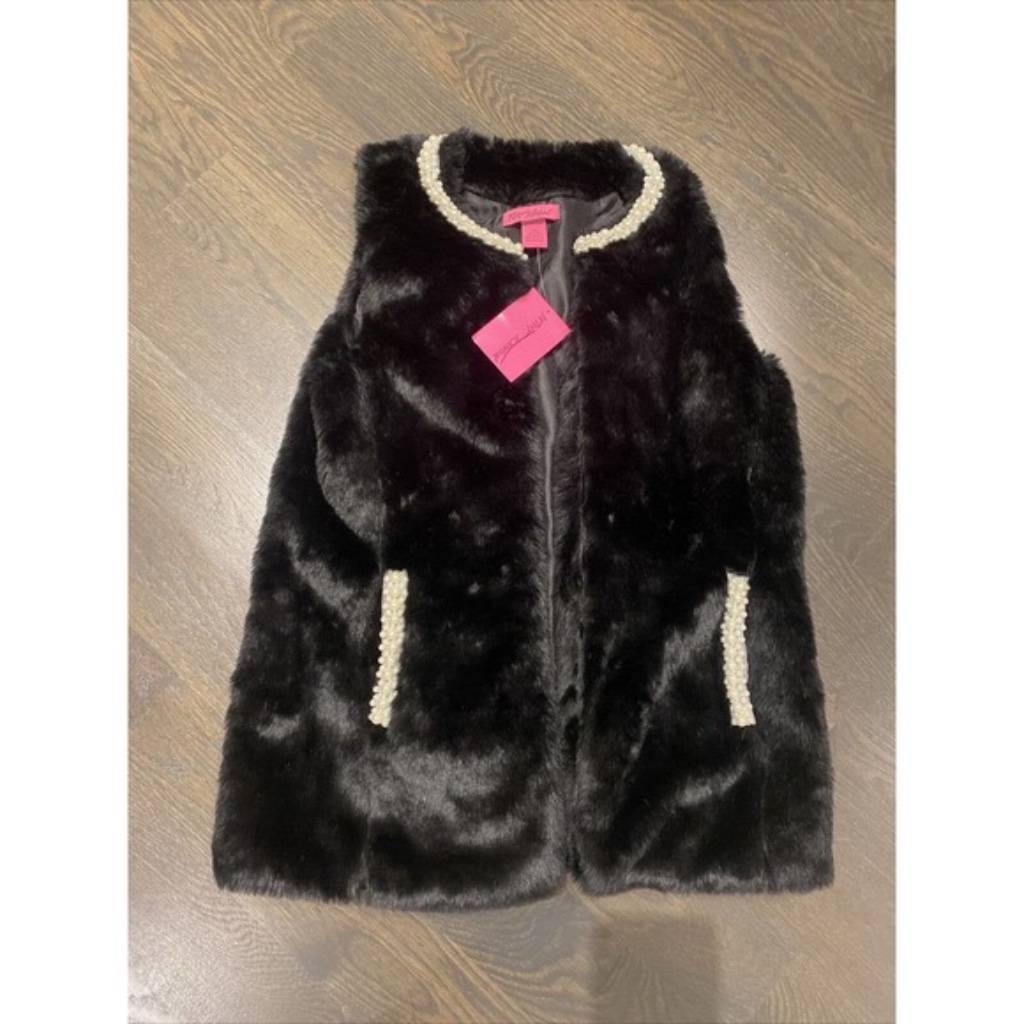 Betsey Johnson Faux Pearl Trim Cozy Faux Mink Fur Long Vest~M/L ~Retail $144